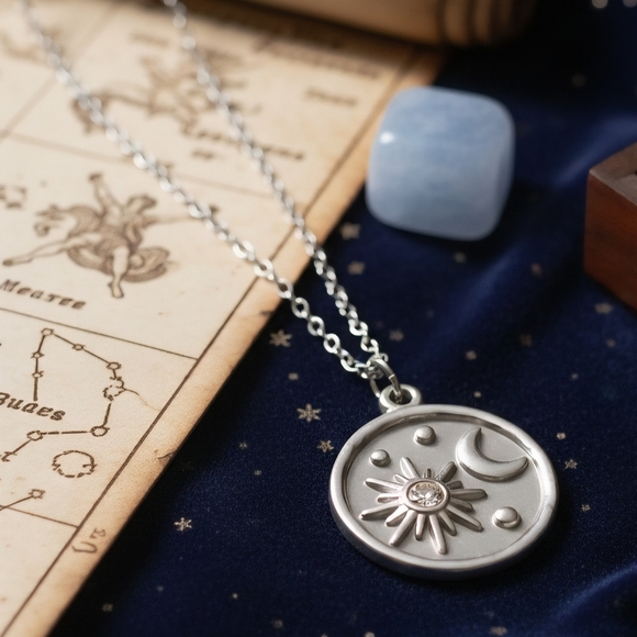 🆕️Celestial Sun & Moon Necklace 18K White Gold Plated Stainless Steel Medallion - Picture 11 of 11